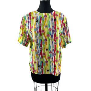 Vintage Retro GALINDA Watch Clock Blouse Silk Rainbow Keyhole Back Size Large L